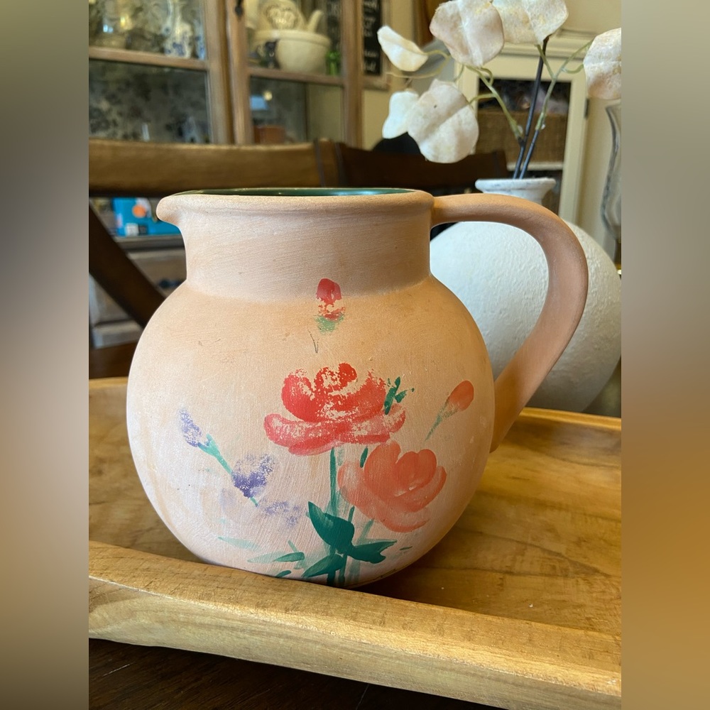 Rosenthal Netter Vintage Floral Hand Painted Terracotta Pitcher Signed